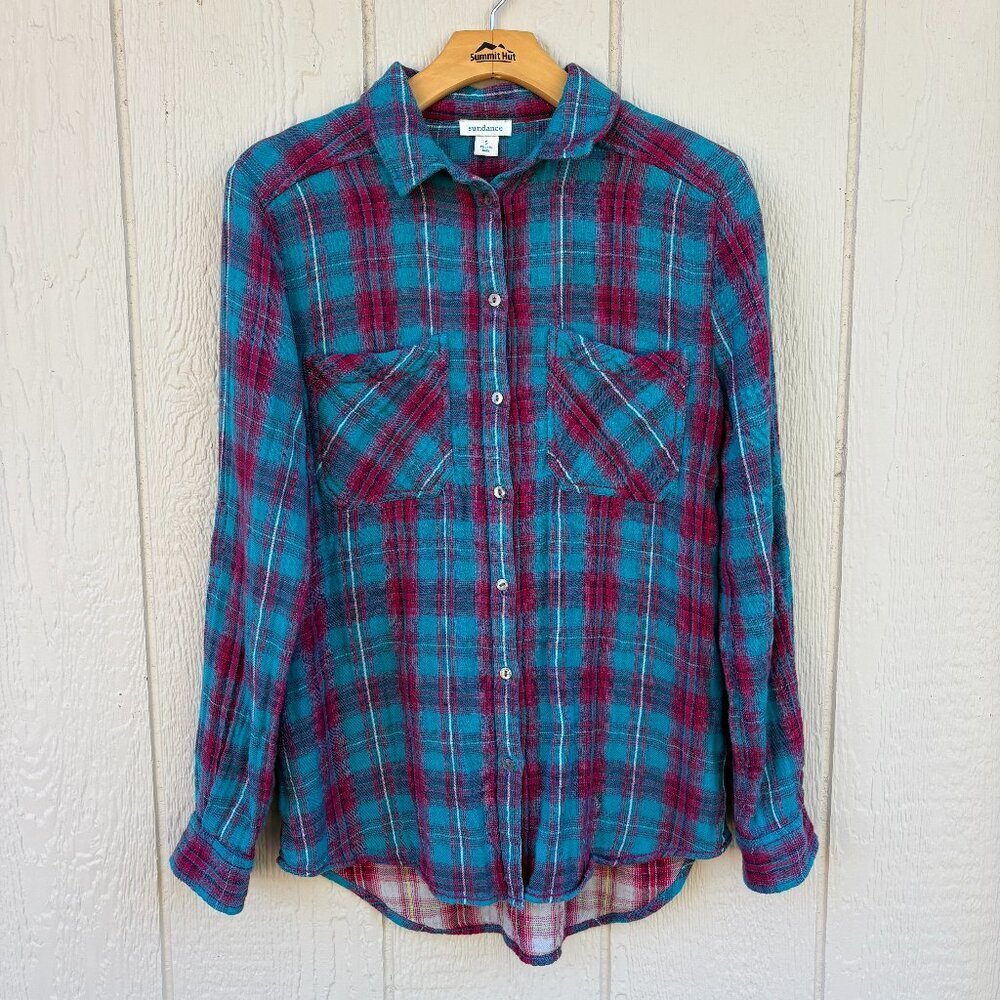 Sundance Priscilla Button Up Shirt Womens Small Blue Pink Plaid Western Prairie